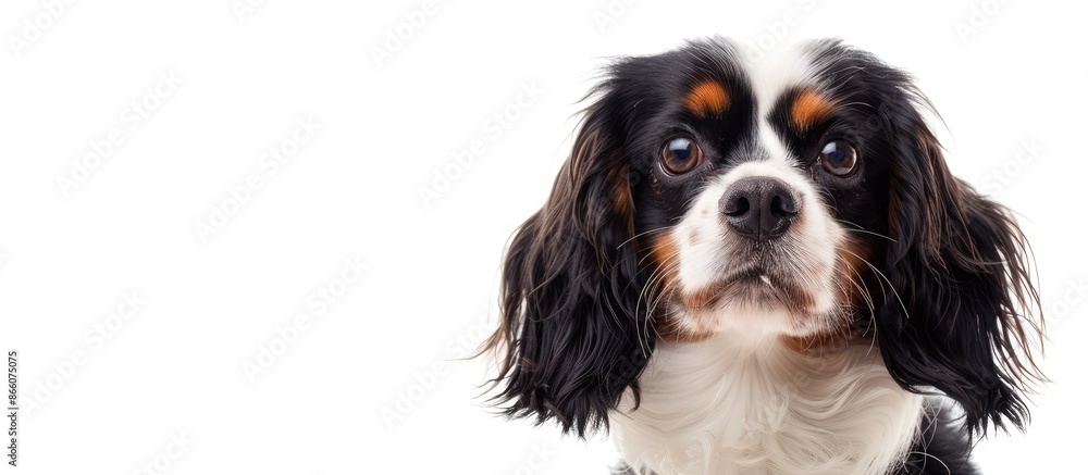 Poster adorable cavalier spaniel portrait against a white background with available copy space image.