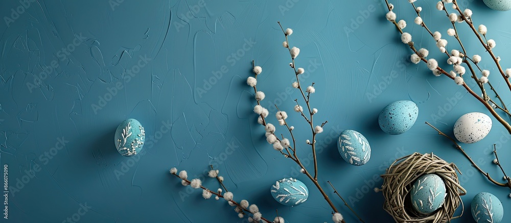 Poster top-view easter arrangement with willow twigs and hanging eggs in a stylish classic blue shade, feat