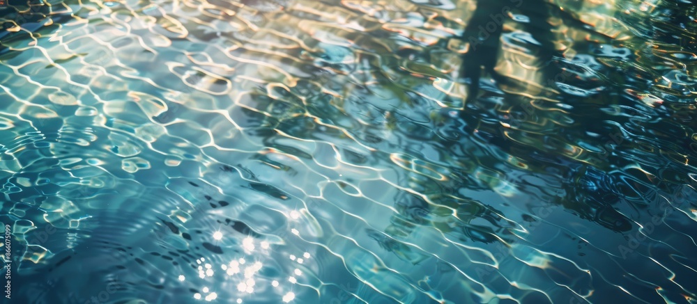 Poster an overhead view of a blurry, transparent water surface with tree shadow and ripples, creating an ab