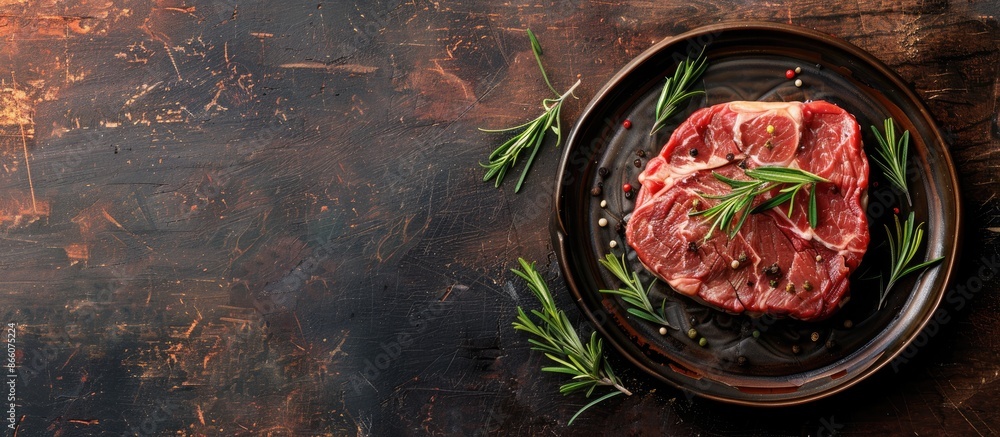 Canvas Prints Rustic background featuring a top view of a second-course table setting with a raw ribeye steak and copy space image for text.