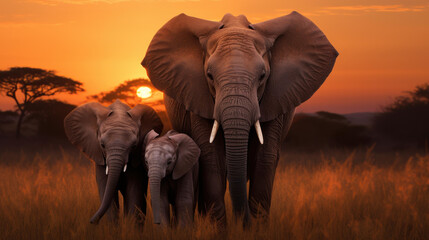 Obraz premium Robotic camera eyes Level with elephants in savannah.