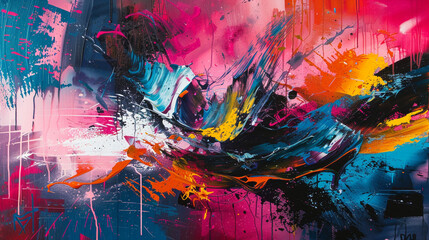 Bold, energetic compositions that combine expressive brushwork with elements of graffiti or street art, using vibrant colors and layered textures to convey contemporary themes.