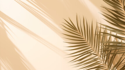 Obraz premium palm leaves on light cream wall, minimalistic summer background, tropical leaves wallpaper