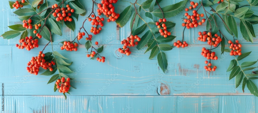 Leinwandbilder ripe rowan berries and green leaves arranged on a light blue wooden table in a flat lay composition 