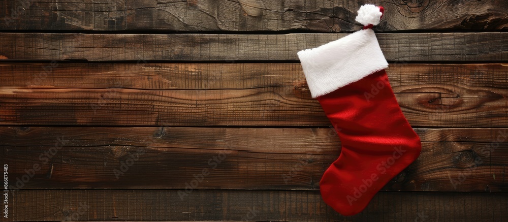 Poster a festive christmas stocking and a letter placed on a rustic wooden backdrop, with a blank copy spac
