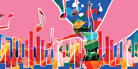  Dancing young woman with violoncello on colorful background. Dancing studio poster © abstract