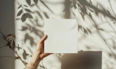 Aesthetic mockup of a woman's hand holding a white blank card