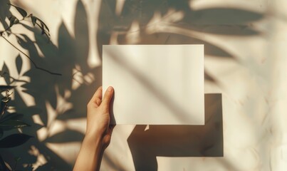 Aesthetic mockup of a woman's hand holding a white blank card