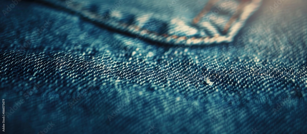 Poster blurry abstract close-up image of the texture of a blue denim jeans back pocket with copy space imag