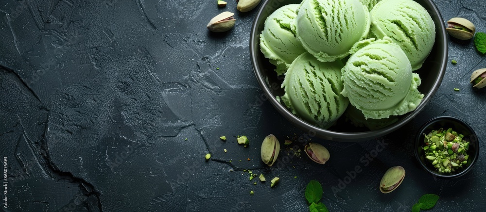 Aufkleber scrumptious pistachio ice cream on a dark table with copy space image.