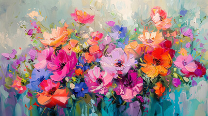 Expressive abstract florals that burst with color and texture, capturing the essence of blooming gardens and floral arrangements in oil painting.