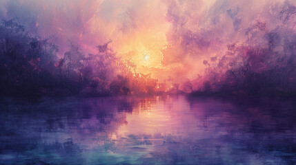 Naklejka premium Ethereal landscapes with soft, blended hues of lavender, teal, and gold, reflecting the luminous quality of oil painting techniques.