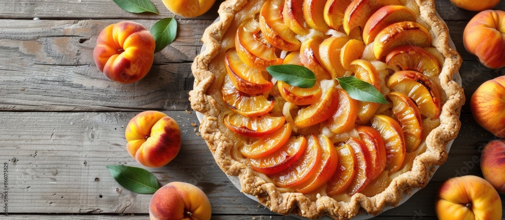 Poster a pie with nectarines displayed on a gray wooden table with soft focus enhancing the aesthetic appea