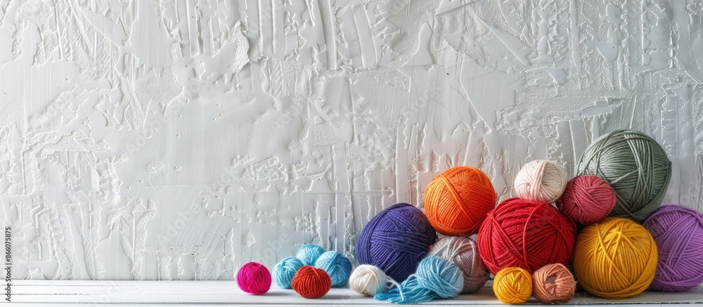 Poster various colorful yarn balls and embroidery items displayed on a white wooden table with a textured s