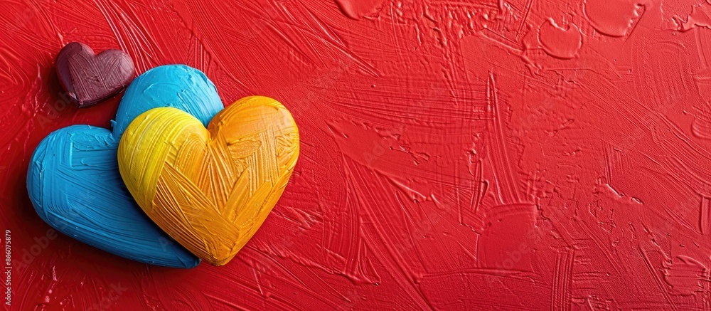 Fototapete colorful heart shape viewed from the top on a red table with copy space image.