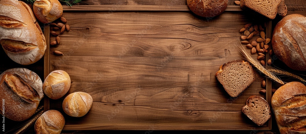 Poster Wooden border with fresh bread arranged for display, featuring a blank area for adding text or images within the frame of the photo. Copy space image. Place for adding text and design