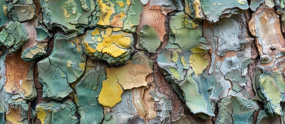 Aufkleber Close-up of tree bark with a camouflage pattern, creating an interesting visual with copy space image.