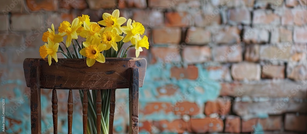Poster Daffodils beautifully arranged on a chair with a brick wall backdrop, creating a lovely scene with copy space image.