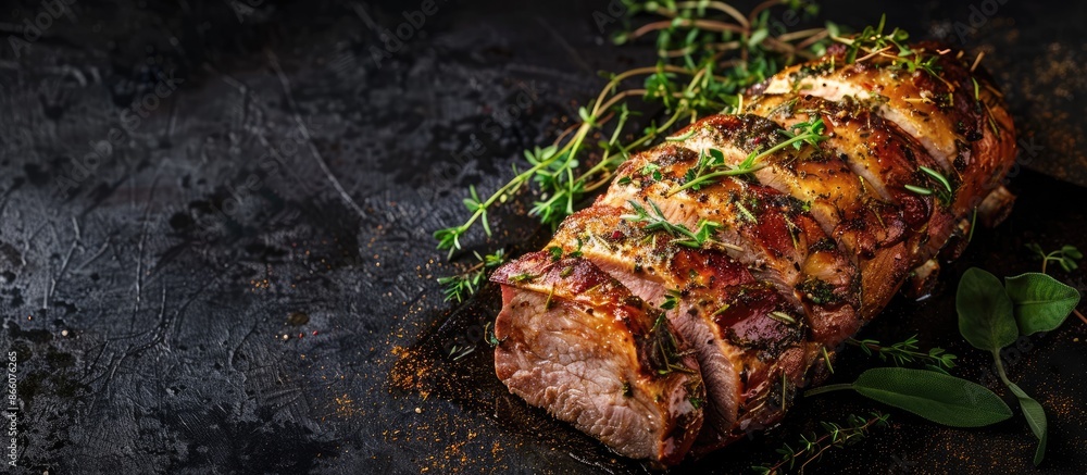 Poster oven-roasted pork joint garnished with thyme and sage, ready to serve, with ample copy space against