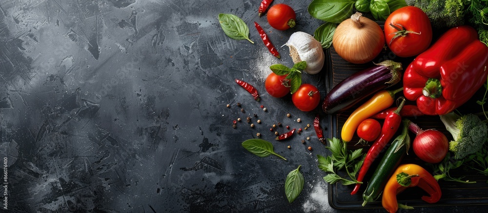 Poster Vibrant array of vegetables on a chopping board with available copy space image. Reverse color scheme.