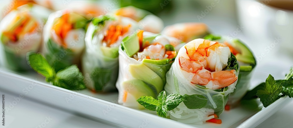 Poster Delicious spring rolls featuring a combination of shrimp and avocado, with a stylish presentation showcasing copy space image.