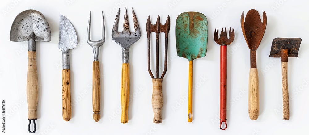 Poster Various small gardening tools such as a garden shovel and fork are displayed against a white background in a top-view copy space image.