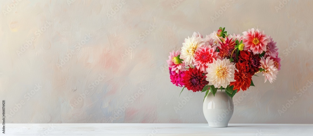 Poster dahlia flower bouquet displayed in a vase on a white table with room for text in the image. copy spa