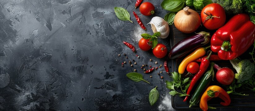 Vibrant array of vegetables on a chopping board with available copy space image. Reverse color scheme.