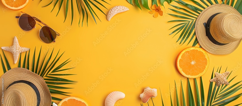 Poster Top-down perspective of summer theme with items on a yellow backdrop, with copy space image included.