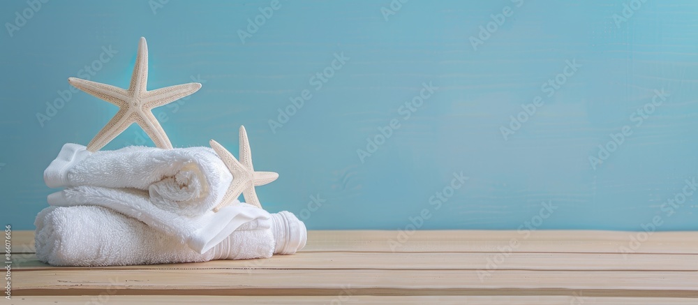 Poster starfish-adorned towels displayed on a wooden surface with a light blue backdrop, offering ample cop