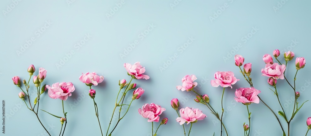 Poster flat lay view of pink flowers arranged on a soft blue backdrop with copy space image.