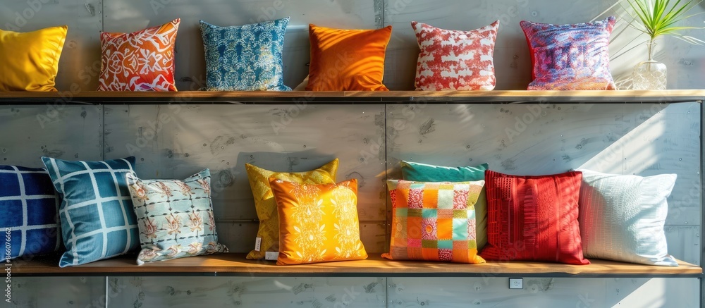 Poster Shelf displaying decorative pillows against wall backdrop with copy space image.