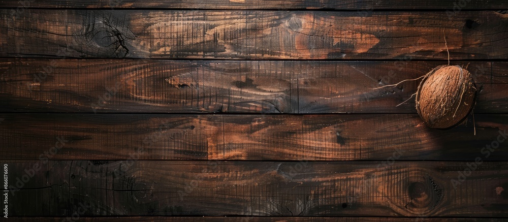 Poster Dark wooden table adorned with a coconut creating an appealing copy space image.