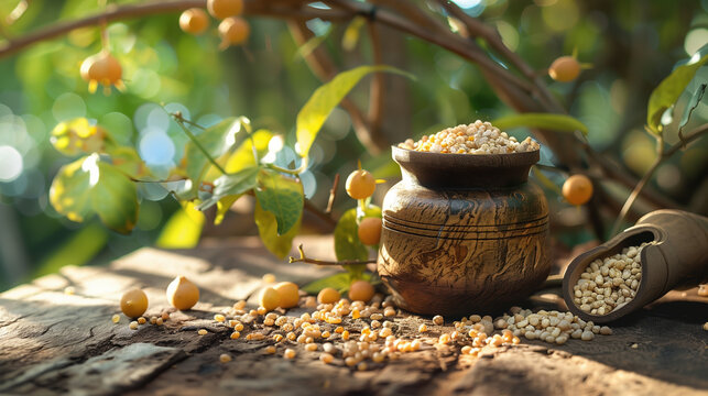 Haritaki Fruit and Extract Displayed in Eco-friendly Packaging with Ancient Tree in Background