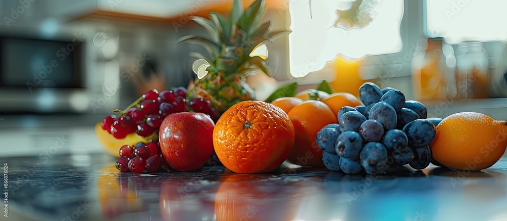 Poster a close-up perspective of juicy, fresh fruits placed on a kitchen table with a clear and spacious ba