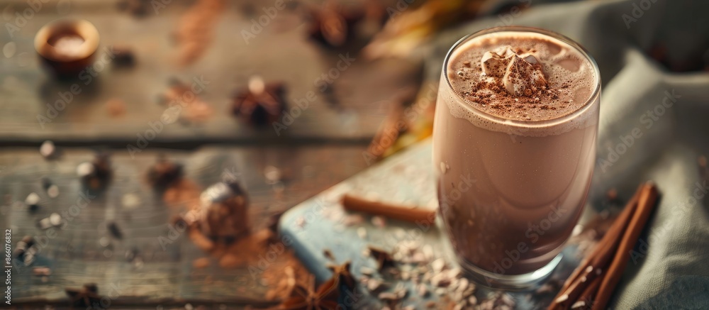 Poster chilled cocoa drink served with cold milk, perfect for cozying up with. add a flair with a sprinkle 