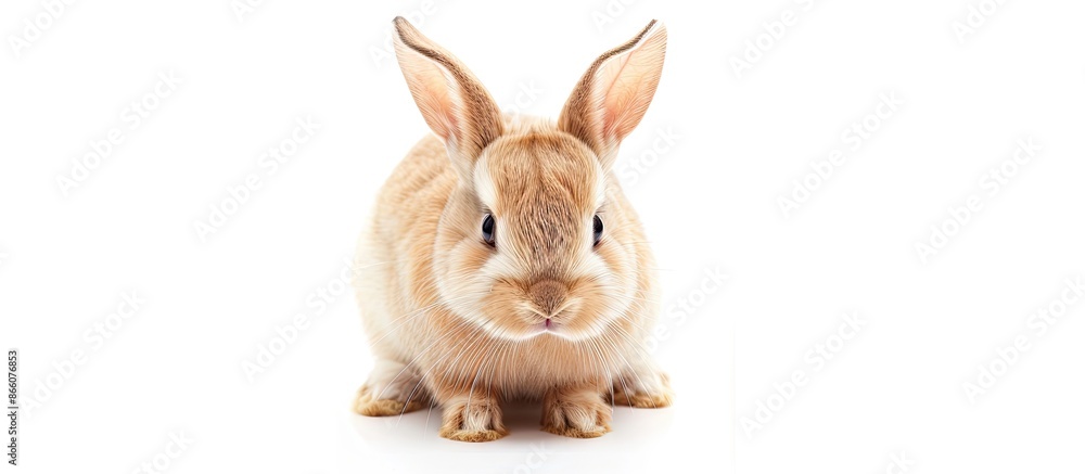 Poster A dwarf breed rabbit, with copy space image, facing forward on a white background.