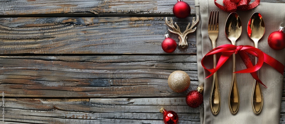 Aufkleber Flatware wrapped with ribbon on a napkin on a wooden surface, surrounded by Christmas ornaments and a reindeer, perfect for your design in a copy space image.