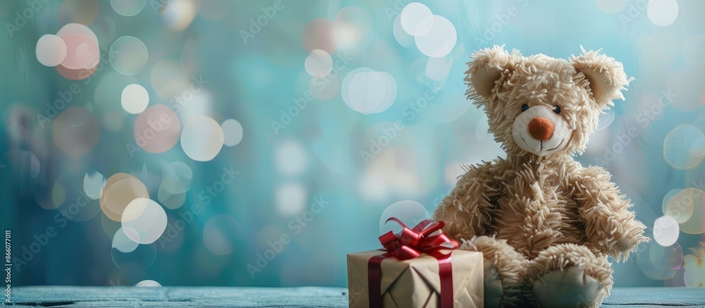 Aufkleber Space for text amid a teddy bear and a gift box in the image. Copy space image. Place for adding text and design