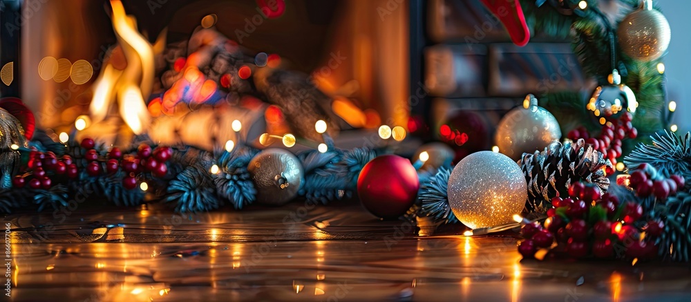 Poster festive fireplace with christmas decorations on a table with copy space image.