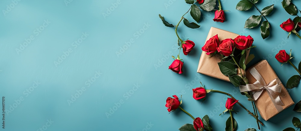 Poster top view of roses and gift box on a colored background with copy space image.
