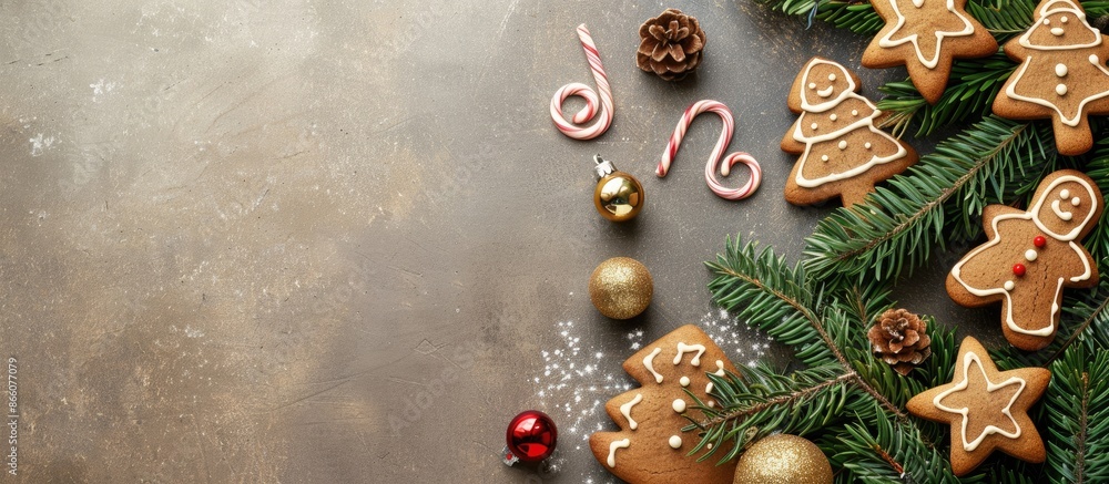 Aufkleber Top-down view of a Christmas card showcasing gingerbread cookies and a decorated fir tree, ideal for adding text or other elements to the image. Copy space image. Place for adding text and design