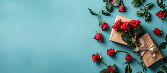 Top view of roses and gift box on a colored background with copy space image.