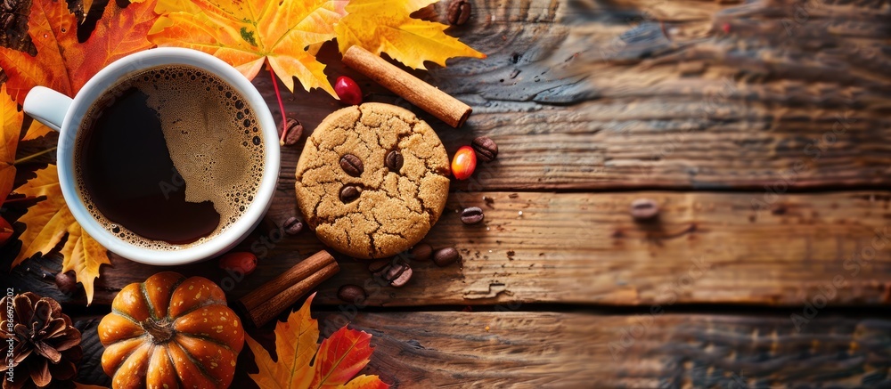 Poster coffee cup accompanied by fall foliage and a cookie in an autumn-themed copy space image.