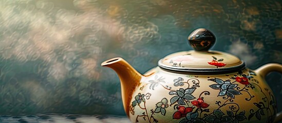 Vintage-themed Asian tea pot with floral design, isolated on a plain backdrop. The close-up, slightly blurred photo includes space for text or other elements. Copy space image