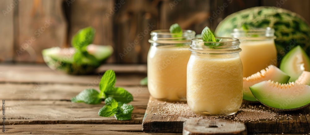 Poster melon smoothie in glass jars on a wooden table with a rustic background, ideal for a copy space imag