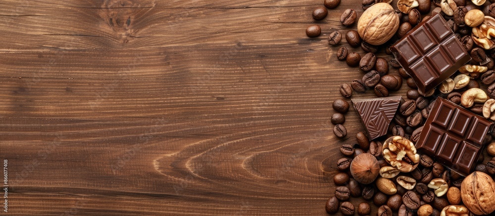 Aufkleber a wooden surface displaying roasted coffee beans, chocolate, and nuts for a copy space image backdro