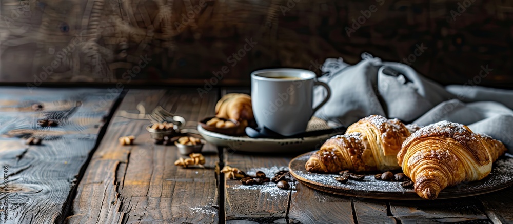 Aufkleber rustic style breakfast featuring croissants and coffee with milk on a wooden table in a close-up cop