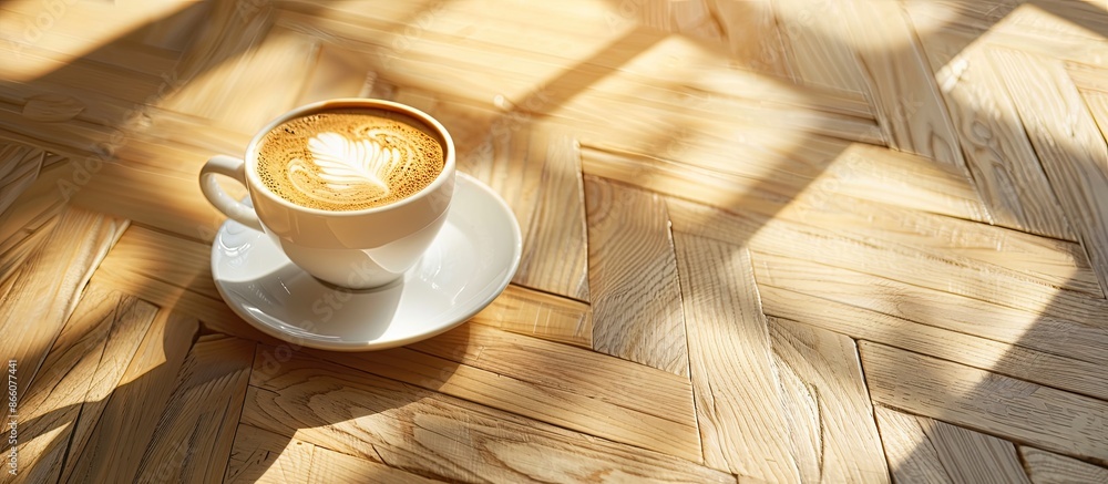 Aufkleber A cup of coffee resting elegantly on a shiny parquet floor, creating a charming scene with copy space image.