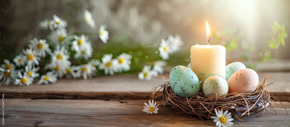 Poster easter themed festive setup with a candle, colorful eggs, daisy, green eggs in a nest on wooden tabl